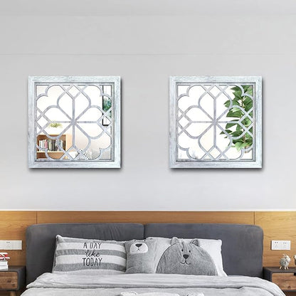Wocred 2 PCS Square Wall Mirror,Gorgeous Rustic Farmhouse Accent,Rustic White Color Entry for Bathroom Renovation,Bedrooms,Living Rooms and More(12”x12”)