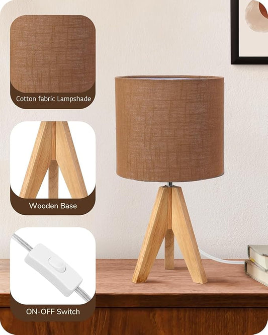 Tripod Table Lamp, 16 Inches Height with Brown Jute Lamp Shade Bedside Lamp Nightstand Lamp for Nursery, Bedroom, Kid Room, Living Room, Light Brown Wooden Base