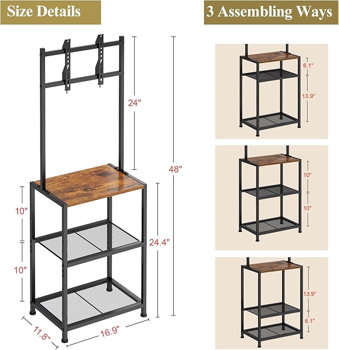 14 Inch to 42 Inch Small Corner TV Stand for Bedroom With 3 Tiers Storage Shelves, Floor Universal Television Stand With Mount For 40 Inch 32 Inch TV,Brown TV Table Shelf With Adjustable Feet, Sturdy