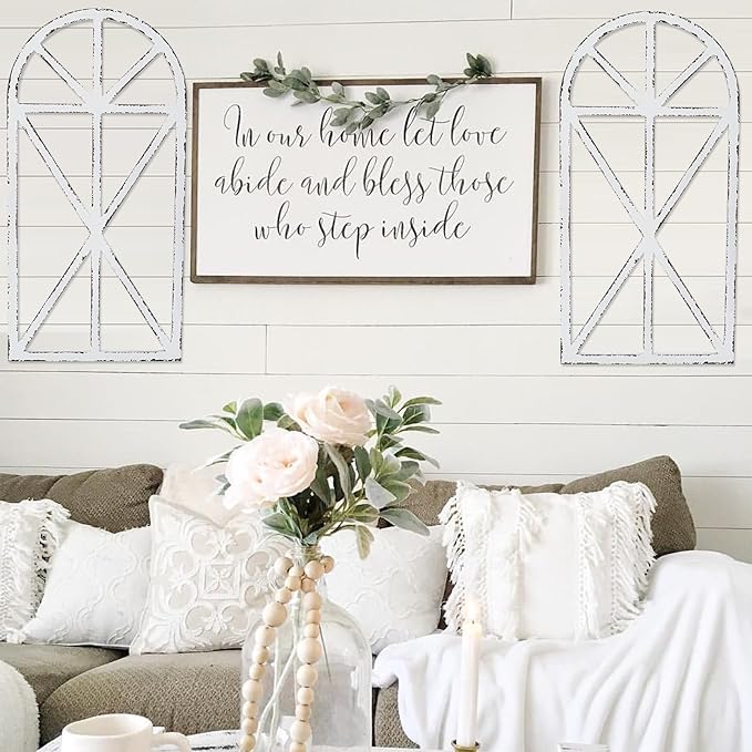 SwallowLiving Set of 2 Large Farmhouse Window Frame Wall Decor, 16x32 Inch Rustic Cathedral Arch Wood Wall Art, Distressed White Faux Church Window Frames for Living Room, Bedroom Entryway (NO WREATH)