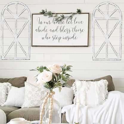 SwallowLiving Set of 2 Large Farmhouse Window Frame Wall Decor, 16x32 Inch Rustic Cathedral Arch Wood Wall Art, Distressed White Faux Church Window Frames for Living Room, Bedroom Entryway (NO WREATH)