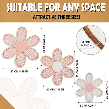 Maitys 3 Pieces Boho Daisy Wall Decor Natural Rattan Flower Wall Hanging Art Wooden Boho Art Nursery Flowers Farmhouse Hanging Decor for Home Office Nursery(Rustic Color)