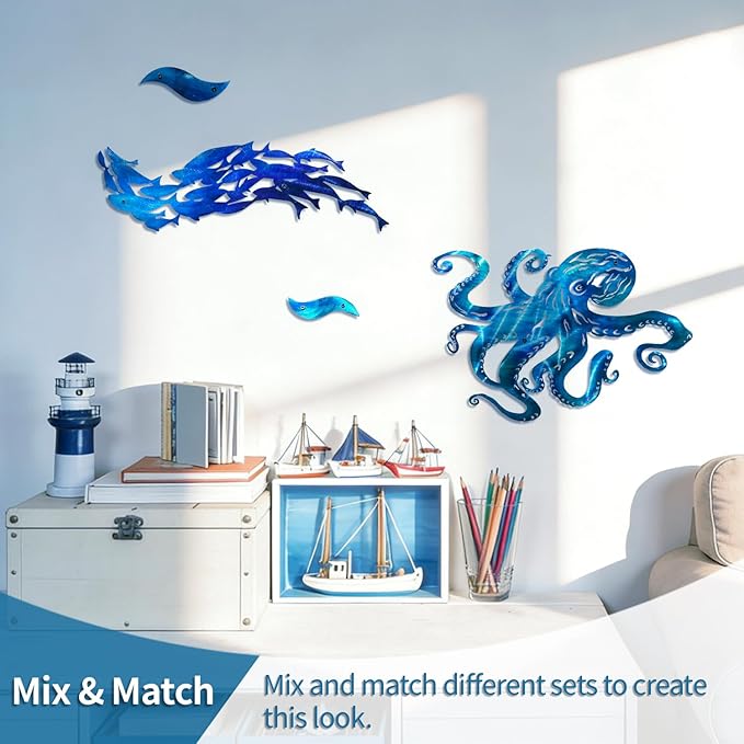 LiveInUrban Coastal Wall Art Octopus Metal Wall Sculptures, Ocean Beach Themed Metal Hanging Home Decoration 15.7"x11.1"