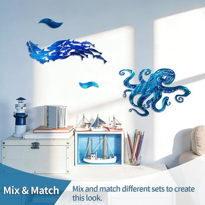 LiveInUrban Coastal Wall Art Octopus Metal Wall Sculptures, Ocean Beach Themed Metal Hanging Home Decoration 15.7"x11.1"