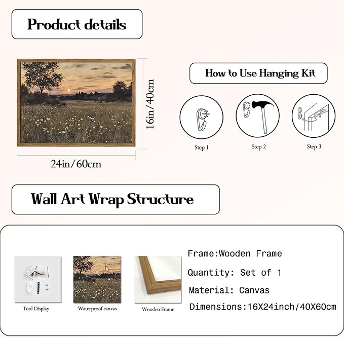 Vintage Farmhouse Wall Art, Rustic Floral Wall Decor Paintings, Twilight Firefly Artwork Painting Field Nature Landscape Canvas Prints for Bedroom Living Room 16x24 inch Wood Framed