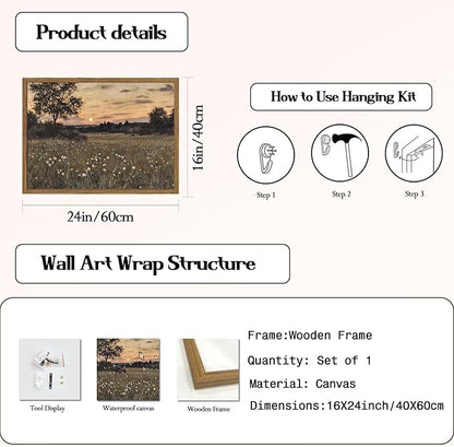 Vintage Farmhouse Wall Art, Rustic Floral Wall Decor Paintings, Twilight Firefly Artwork Painting Field Nature Landscape Canvas Prints for Bedroom Living Room 16x24 inch Wood Framed