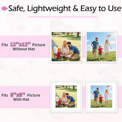 12x12 Picture Frame 2 Pack, White Photo Frames Collage for Wall Hanging, 12 x 12 Square Wall Gallery Poster Frame with Clear Plexiglass, Display Pictures 8x8 with Mat or 12x12 Without