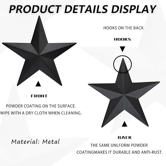 VIVICOMFY 12" Black Barn Star Wall Decor,Metal Stars Rustic Vintage Western Country Farmhouse Home Indoor or Outdoor Wall Decoration,Texas Stars for House Art Décor(Set of 3)
