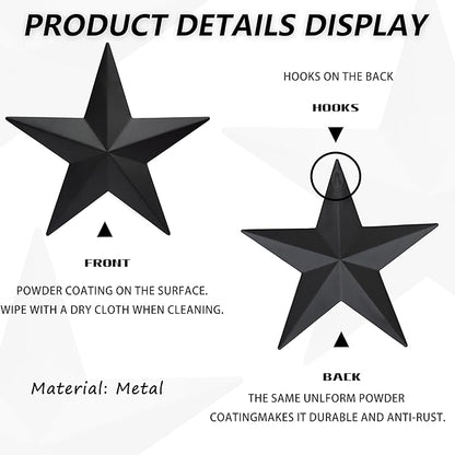 VIVICOMFY 12" Black Barn Star Wall Decor,Metal Stars Rustic Vintage Western Country Farmhouse Home Indoor or Outdoor Wall Decoration,Texas Stars for House Art Décor(Set of 3)