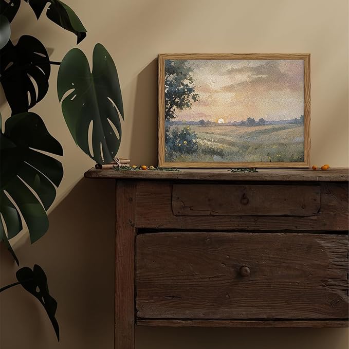 Vintage Sunset Wall Art Rustic Cottagecore Landscape Wall Decor Fall Country Nature Painting Artwork 3D Textured Sandstone for Living Room Bedroom 16x24 Inch Wood Framed