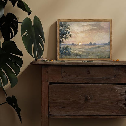 Vintage Sunset Wall Art Rustic Cottagecore Landscape Wall Decor Fall Country Nature Painting Artwork 3D Textured Sandstone for Living Room Bedroom 16x24 Inch Wood Framed