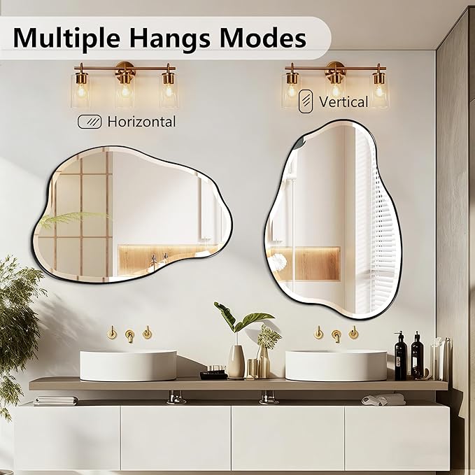 POZINO Irregular Beveled Mirror, 42"x28" Asymmetrical Bathroom Vanity Mirror with Metal Frame, Cloud Shaped Wall Mirrors for Living Room Bedroom Hallway Entryway, Horizontal or Vertical Hanging