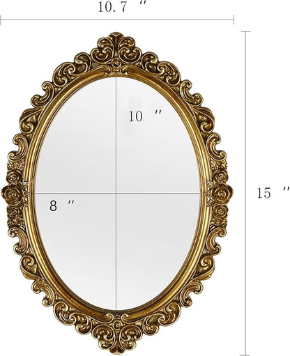 OIGUMR Small Oval Wall Mirror Resin Frame Size：15 x 10.7 inch.Vintage Hanging Mirrors for Bedroom Living-Room Dresser Decor Gold