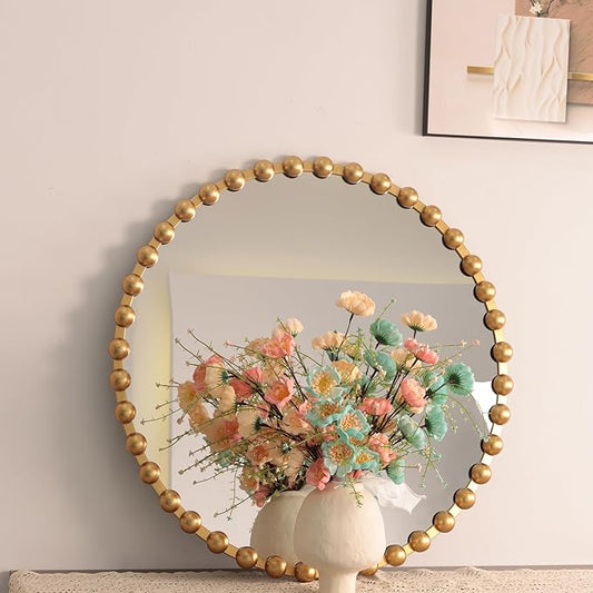 36''x36'' Beaded Gold Round Wall Mirror with Metal Frame, Small Vintage Retro Baroque Ornate Vanity Mirror for Bathroom, Fireplace,Entryway, Living Room