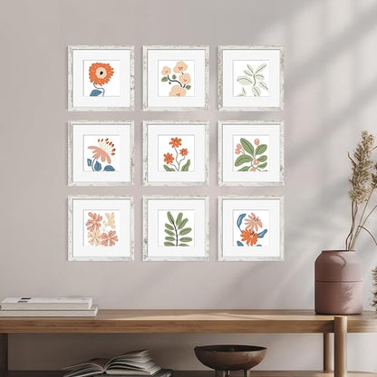 YESKAY 12x12 Picture Frame Set of 9, Photo Gallery Wall Frame Set, Display Pictures 8x8 with Mat or 12 x 12 Without Mat, Square Frame Picture Frames Collage Wall Decor, Distressed White