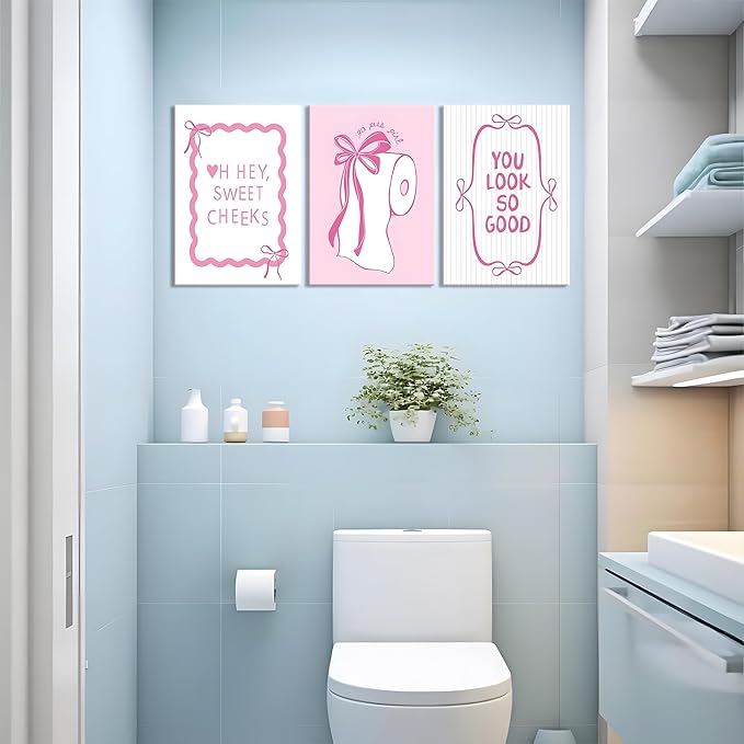 JBZDD 3Pcs Pink Bow Bathroom Canvas Wall Art Bowknot Coquette Posters Prints Preppy Picture Decor For Bathroom Washroom Restroom 16x12in Framed