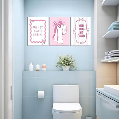 JBZDD 3Pcs Pink Bow Bathroom Canvas Wall Art Bowknot Coquette Posters Prints Preppy Picture Decor For Bathroom Washroom Restroom 16x12in Framed