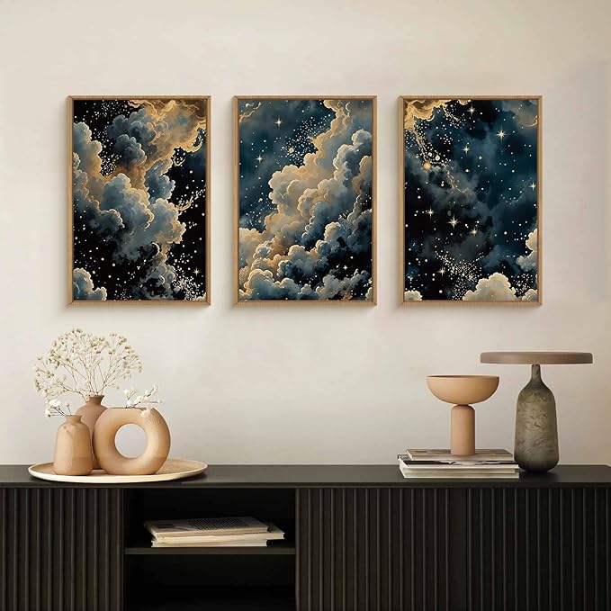 HPNIUB Dreamy Starry Night Sky Framed Wall Art Set,Moody Celestial Wall Decor,Modern Abstract Maximalist Gothic Printing,Natural Stars Illustrations Artwork for Living Room, Bedroom,Office-24''x36''x3