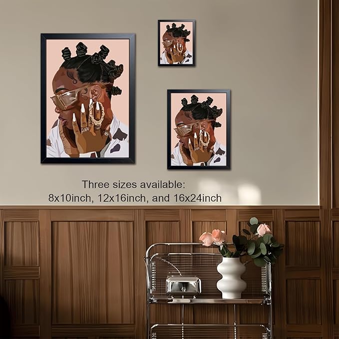 Black Girl Canvas Wall Art, African American Fashion Woman Illustration with, Black Wood Framed Vintage Wall Decor, Girls Room Poster Print for Bedroom Living Room Office 12x16 Inch