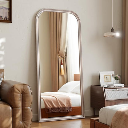 32"×71" Rounded Top Large Full Length Mirror, Arched Vintage Floor Stangding Body Mirror - PU Frame, Wall Mounted Hanging Leaning Antique Decor for Dressing Room, Entryway, Bedroom, Silver