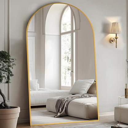 44"×88" Arched Full Length Floor Mirror, Standing Mirror with Aluminum Frame, Large Body Mirror of Free Standing/Wall Mount/Leaning for Bedroom, Living Room, Dressing Room, Gold