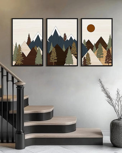 Drsoum Morden Mountains Landscape Wall Art Framed Boho Pine Tree Forest Nature Prints Boho Farmhouse Rustic Artwork Hallway Bedroom Ready to Hang 24x36in Black Framed