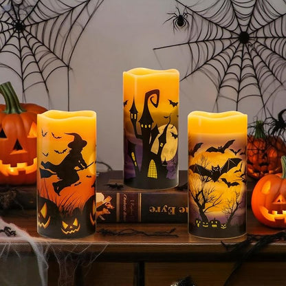 Rechargeable Halloween Flameless Candles Battery Operated with 6 Hour Timer Real Wax Flickering LED Pillar Candles Bats Witch Pumpkin Dinner Halloween Indoor Deocration(3 Pack, 3" D x 6" H)