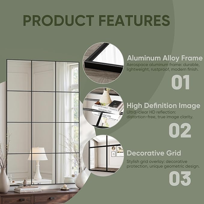 Suidia Wall Mirror, 36" x 72" Window Decorative Mirrors, Metal Framed Wall Decor Wall-Mounted Mirrors for Bedroom, Living Room, Entryway, Black