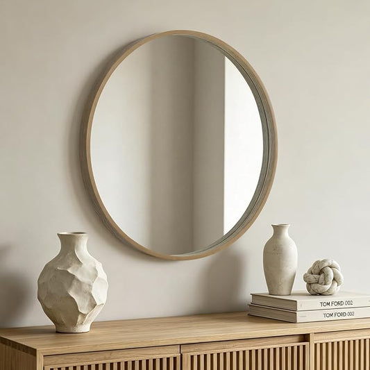 HOMECOOKIN Round Wood Mirror 28 inch Circle Mirror, Rustic Farmhouse Wooden Framed Natural Decorative Wall Decor, Vanity Wall Mirror for Bathroom, Bedroom, Entryway, Living Room (Honey)