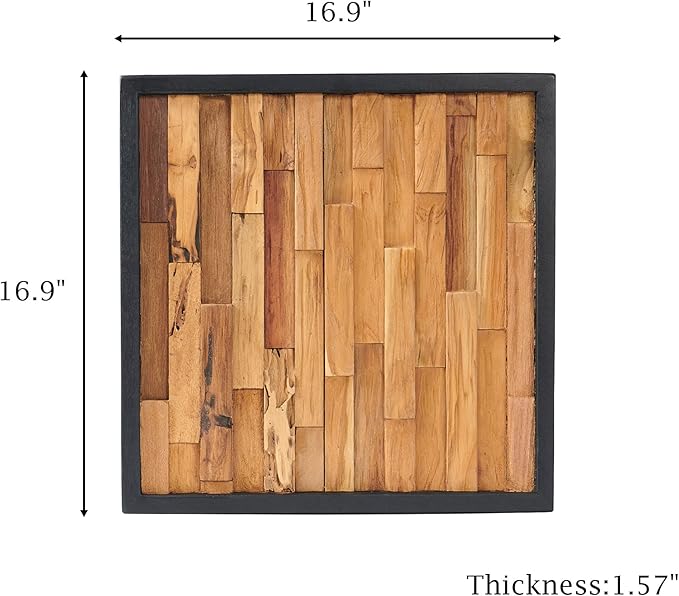 Greenage Teak Wood Wall Decor 16.9"x16.9" Farmhouse Slender Strip Pattern Rustic Natural Wood Wall Art Hanging Decoration Textured Wooden Frame Wall Panel for Home Living Room Bedroom