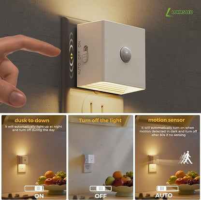 L LOHAS LED Night Light,Plug in Night Light with Motion Sensor and Dusk to Dawn Sensor,[4-Pack] Brightness Adjustable,3000K Soft White, Nightlight for Bathroom Hallway Kitchen