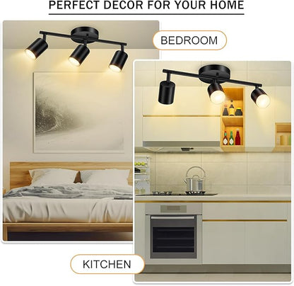 BoostArea LED 3 Light Track Lighting Kit, Black 3 Way Ceiling Spot Lighting, Flexibly Rotatable Light Head for Kitchen, Living Room, Bedroom, GU10 Bulb Not Included