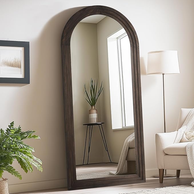 MELOMOIR Arched Full Length Mirror with Solid Wood Frame, 71"x32" Rustic Farmhouse Large Floor Mirror with Stand, Free Standing Leaning Hanging, for Bedroom Living Room Dressing Room Entryway, Brown