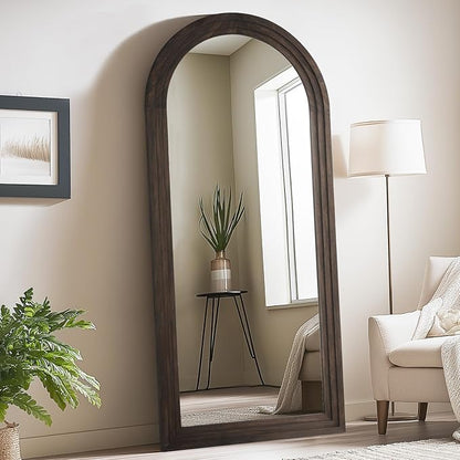 MELOMOIR Arched Full Length Mirror with Solid Wood Frame, 71"x32" Rustic Farmhouse Large Floor Mirror with Stand, Free Standing Leaning Hanging, for Bedroom Living Room Dressing Room Entryway, Brown