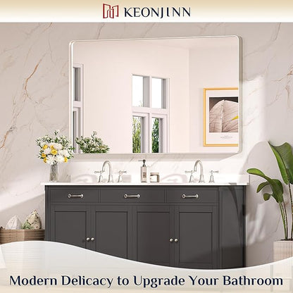 Keonjinn 55 x 36 Brushed Nickel Bathroom Mirrors for Over Sink, Large Rounded Rectangle Bathroom Vanity Mirror, Modern Decorative Silver Mirror, HD Tempered Glass Wall Mirror(Horizontal/Vertical)