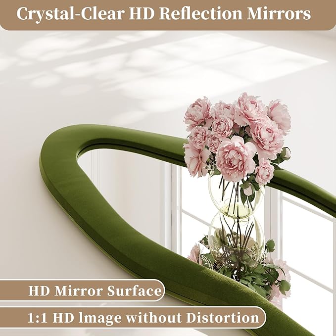Full Length Mirror, 63"x24" Full Body Mirrors, Flannel Floor Mirrors with Stand, Irregular Wavy Mirror Hanging or Leaning Against Wall for Bedroom Living Room, Green