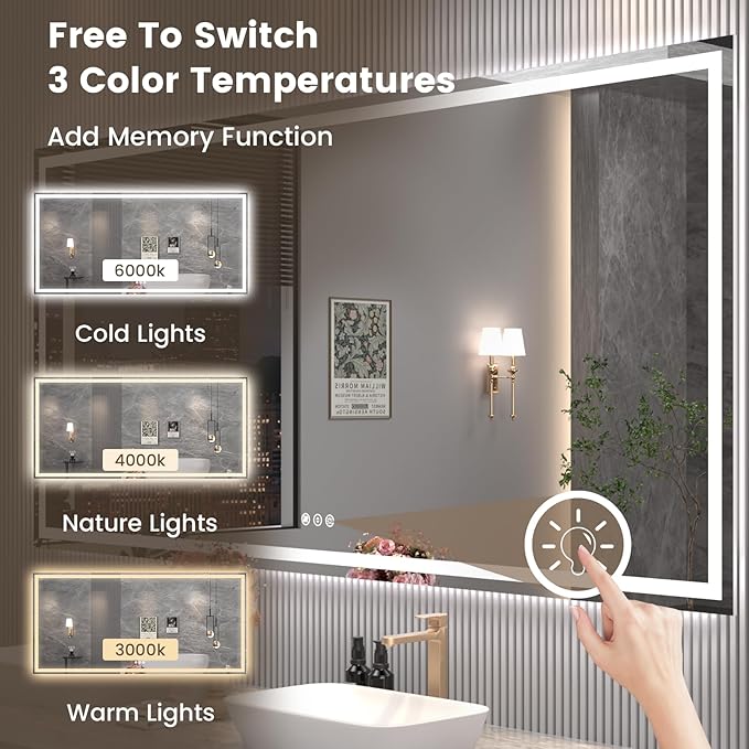 Snowdool 88"X38" LED Bathroom Mirror with Front Lights and Backlit, Anti-Fog, Dimmable, Shatter-Proof Tempered Glass, Lighted Bathroom Vanity Mirror for Wall with 3 Colors, Memory Function
