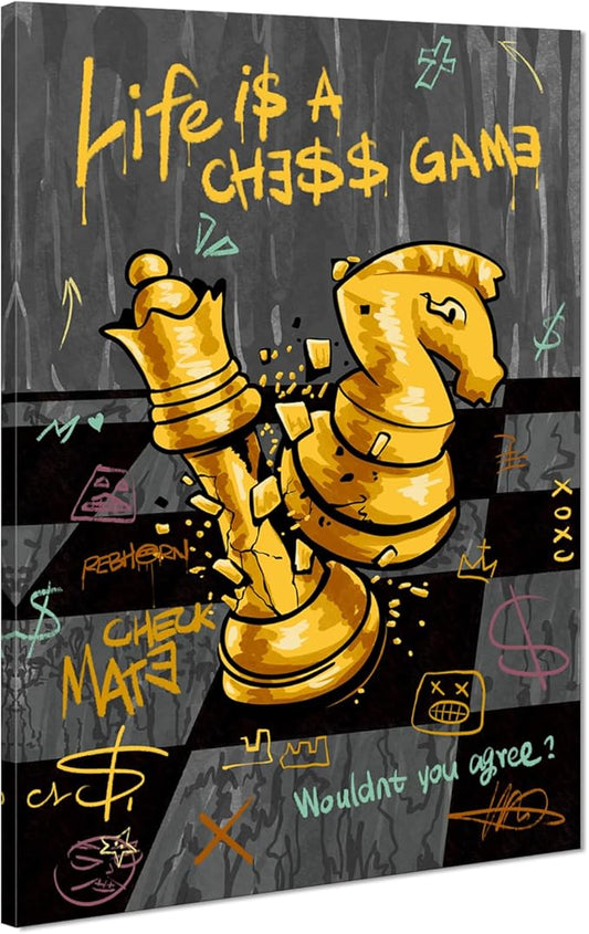 Inspirational Quotes Wall Art - Chess Pictures Wall Decor Motivational Canvas Print LIFE IS A CHESS GAME Positive Poster Modern Office Canvas Painting Black Gold Artwork Framed for Home, 28" x 44"