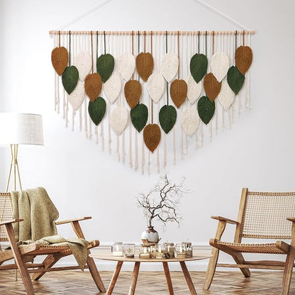 KHOYIME Large Macrame Wall Hanging Boho Woven Tapestry, Chic Home Decor Modern Bohemian Handmade Leaf Feather Wall Art Decorations for Apartment Living Room Bedroom Nursery Backdrop 51.5" W X 33.5" L