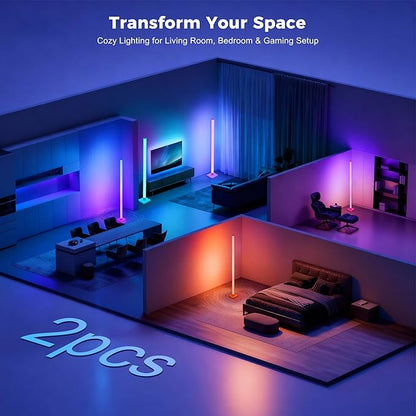 Flupuro 2 Pack DIY Corner Floor Lamps, ICRGB Floor Lamp with Music Sync and 16 Million Colors, Color Changing Standing Floor LED Lights for Bedroom Living Room Decor, Ambient Mood Lighting Gaming