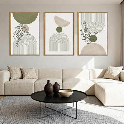 ANHUIB Boho Abstract Wall Art Canvas,Sage Green Wall Decor Framed,Geometric Line Art Prints Leaves,Minimalist Artwork Botanical,3 Piece 16x24In Beige Nature Painting for Living Room Bedroom