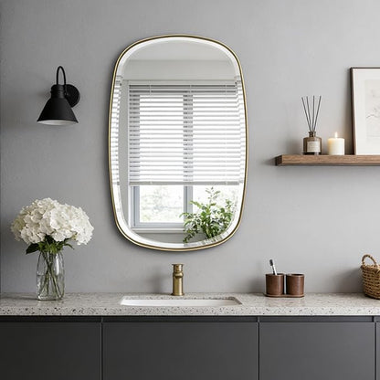 POZINO Brushed Gold Mirror, 20"x30" Brass Beveled Mirrors for Bathroom, Rounded Rectangle Mirror, Modern Vanity Wall Mirrors in Premium Stainless Steel Frame Hangs Horizontal Or Vertical