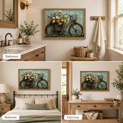 Framed Rustic Farmhouse Daisy Wall art Vintage Bicycle Flowers Painting Picture Wall Decor Flower Still Life Poster Print Artwork for Bathroom Living Room Bedroom Home Decoration