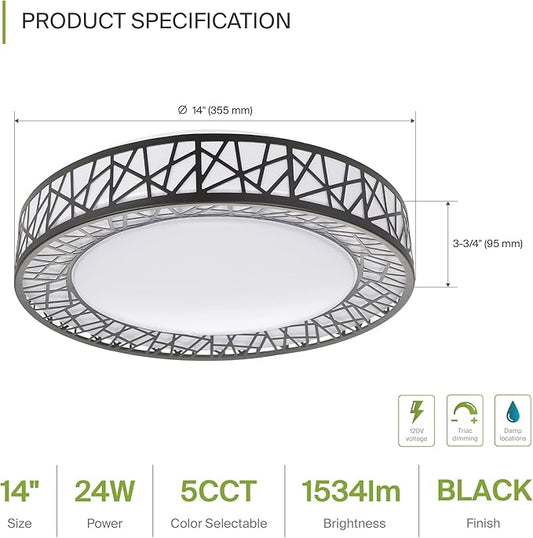 ASD 14 Inch LED Flush Mount Ceiling Light Fixture for Bedroom, 24W 1534LM 5CCT 2700K-5000K, Triac Dimmable Lights, Dining, Living Room, Kitchen Lamps, Modern Home Lighting Fixtures, Black, ETL, 4 Pack