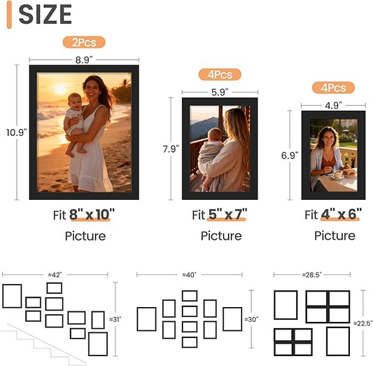 upsimples 10 Pack Picture Frames Collage Wall Decor for Mounting or Tabletop Display, Photo Gallery Frame Set for Family, Multi Sizes Including 8x10, 5x7, 4x6, Black