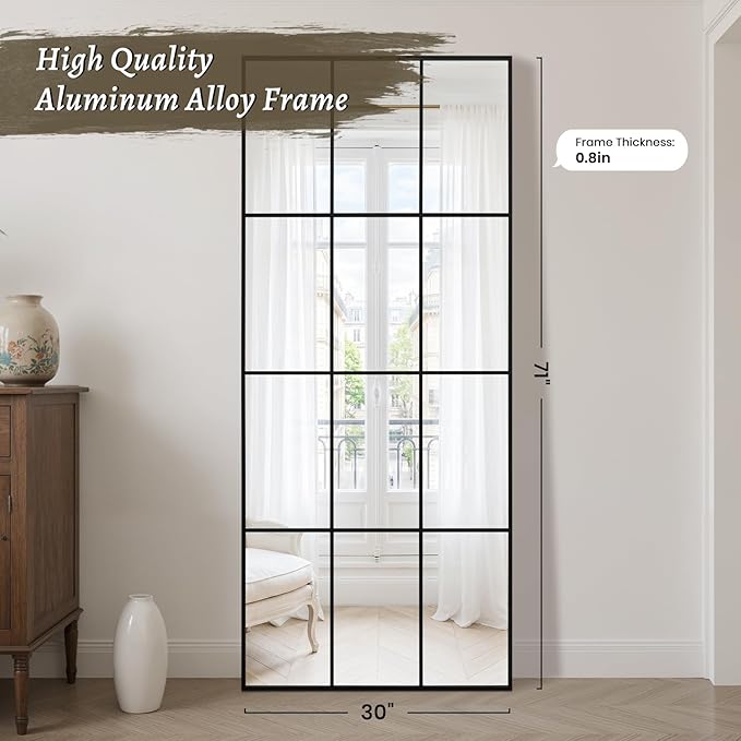 Anpark Windowpane Mirror Full Length 71""x30"" Wall Mounted Art Pane Mirror Farmhouse Decorative Floor Mirror Leaning Hanging Wall Mirror for Bedroom Living Room Entrance, Black
