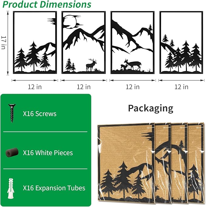 LONGKING 4 Pack Metal Wall Art, Mountain Iron Wall Sculpture, Art Wall Décor for Office, Dining Room, Living Room, Bedroom (Black, 17 x 12 in)