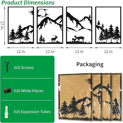 LONGKING 4 Pack Metal Wall Art, Mountain Iron Wall Sculpture, Art Wall Décor for Office, Dining Room, Living Room, Bedroom (Black, 17 x 12 in)