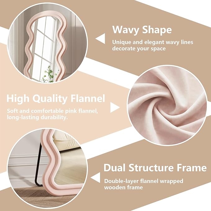 Wavy Full Length Mirror, 63"x24" Flannel Mirrors Full Length with Stand, Full Boby Mirrors for Bedroom, Living Room, Cloakroom, Hanging Leaning Wall Mirror, Pink