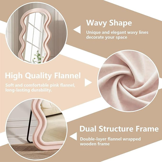 Wavy Full Length Mirror, 71"x32" Flannel Mirrors Full Length with Stand, Full Boby Mirrors for Bedroom, Living Room, Cloakroom, Hanging Leaning Wall Mirror, Pink